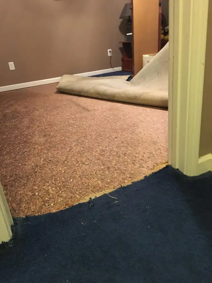 Carpet pad removal revealing water damage during Water Mitigation Services in Joliet